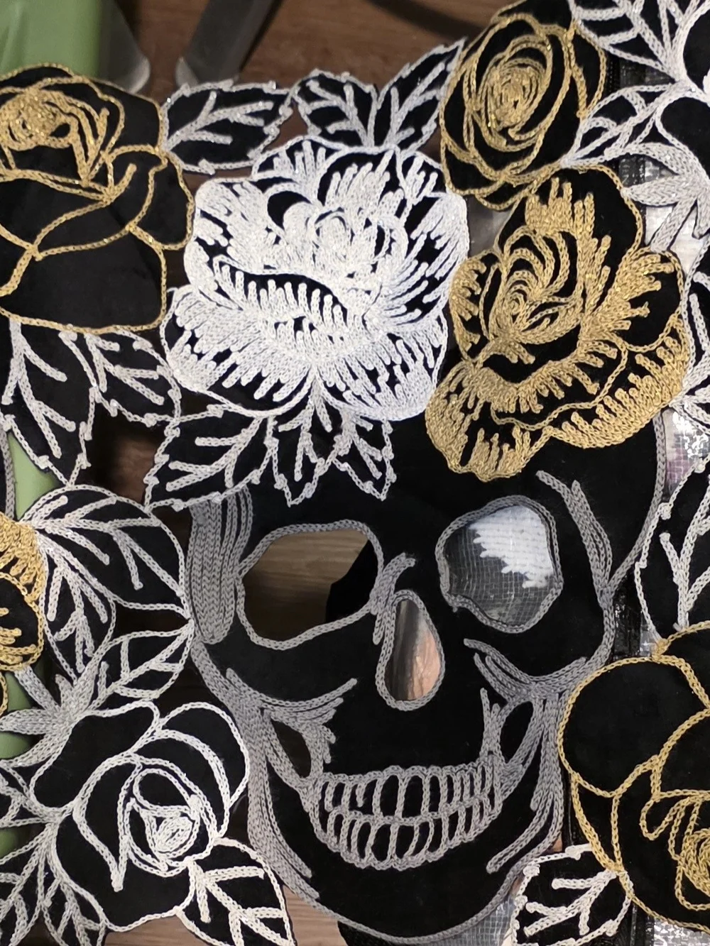 Black, Gold & Silver Embroidered Skull Decorative Table Runner 14x72